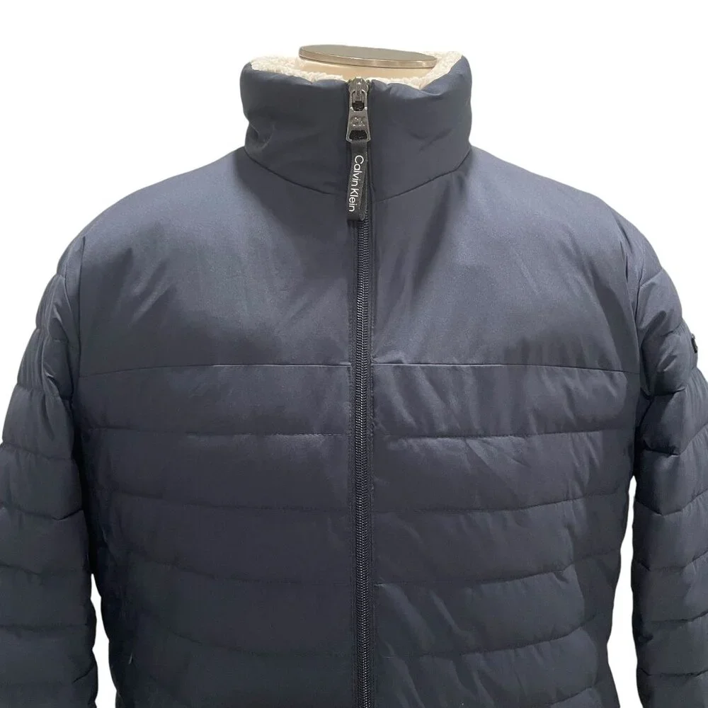 Calvin Klein Black Puffer Jacket L Water Resistant Sorona Aura‎ Faux Fur Lining